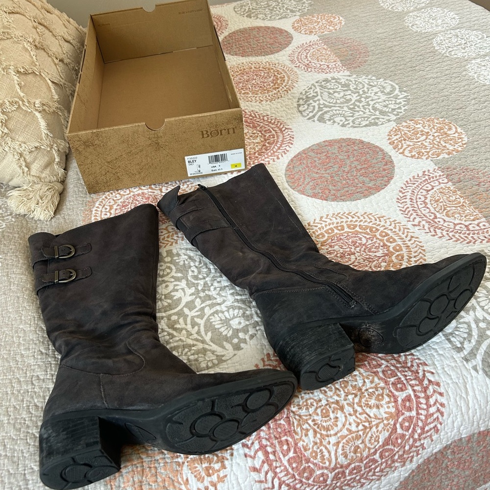 Born grey Bley distressed tall boots with buckle detail